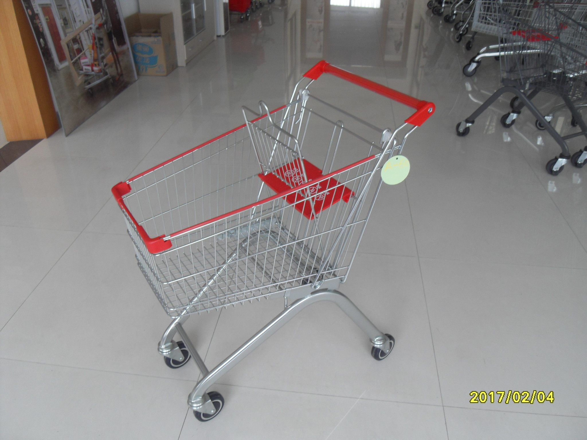 60L Zinc Plated Steel Supermarket Shopping Carts with 4 swivel flat TPE casters